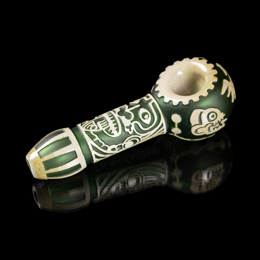 Maya Face in Color Green Frit Hand Pipe - High For Low